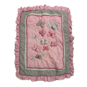 Just Born Antique Chic Pink Gray Butterfly Blanket Quilt Applique Ruffles Girly